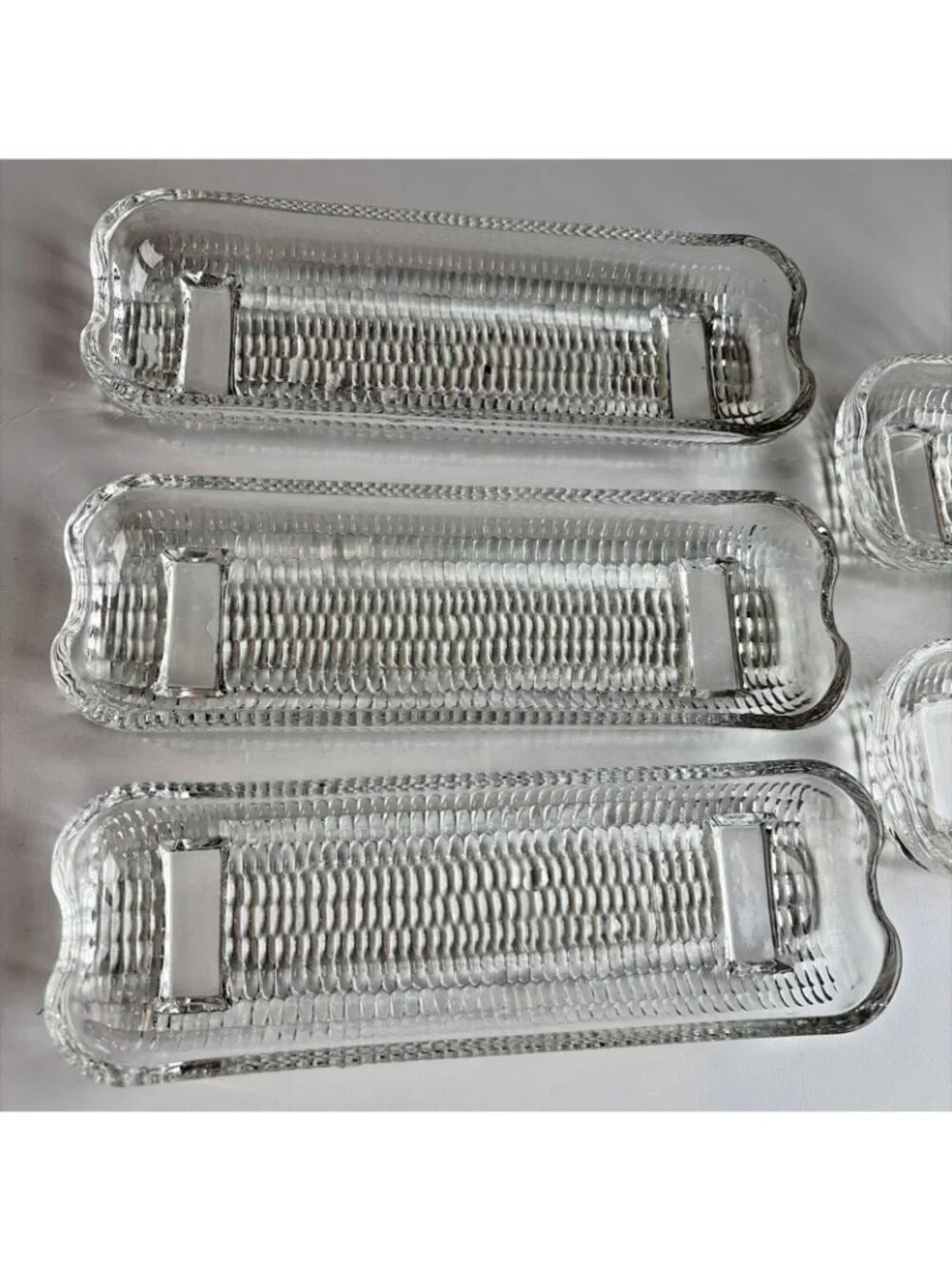 6 Vintage Corn On The Cob Dishes Holders Heavy Embossed Clear Glass 8” Footed